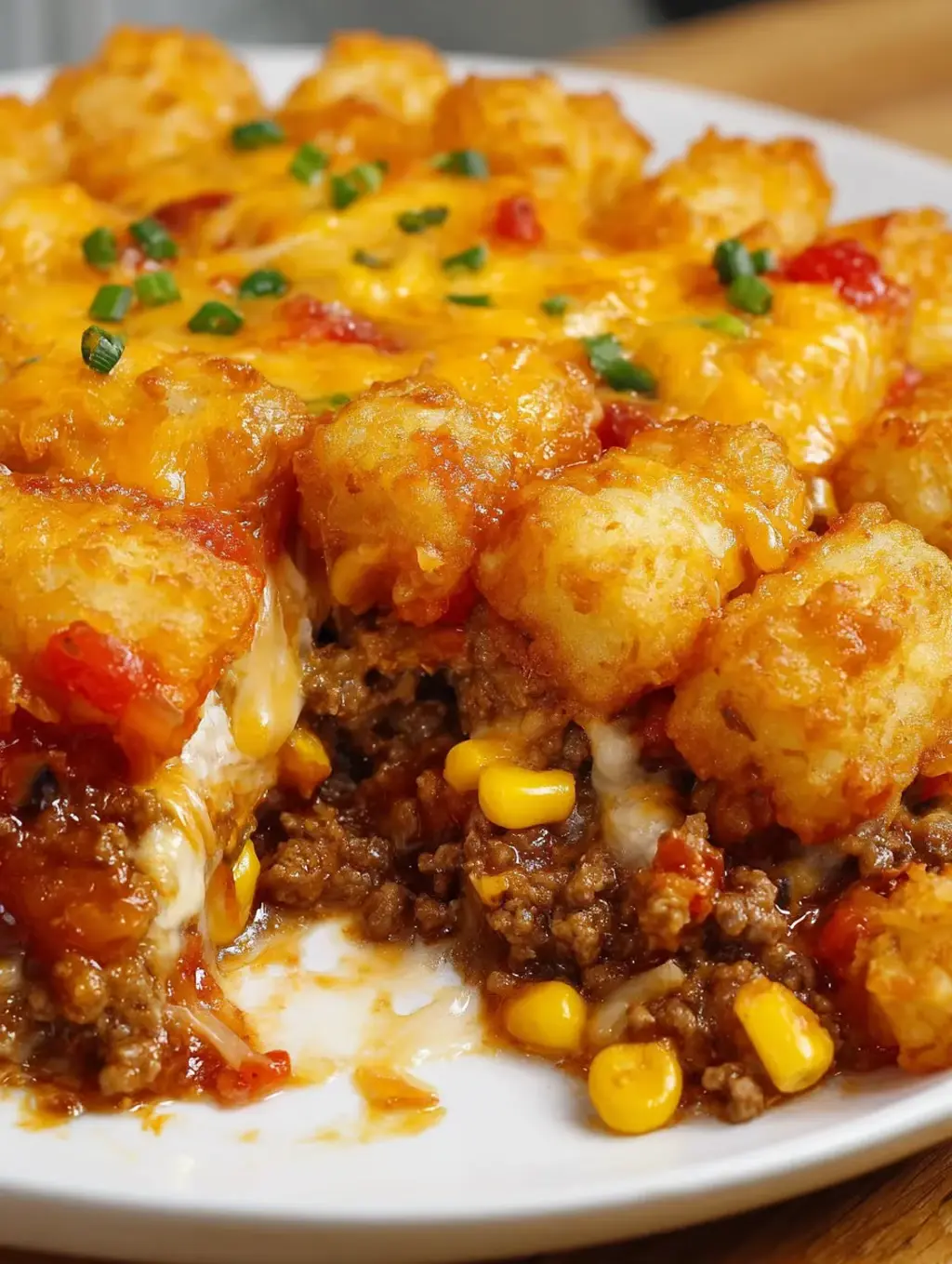 A plate holding tater tots, hearty beef, and gooey cheese.