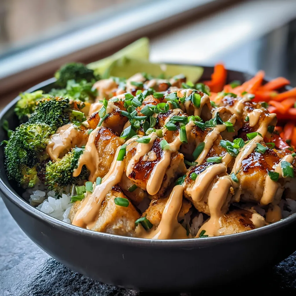 Steamy bowl with rice, veggies, and juicy chicken.