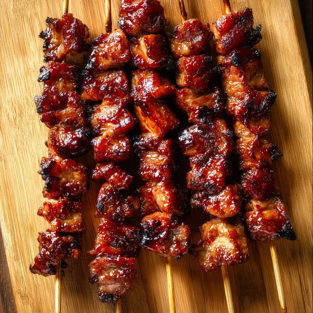Freshly grilled chicken skewers laid on a wooden board.