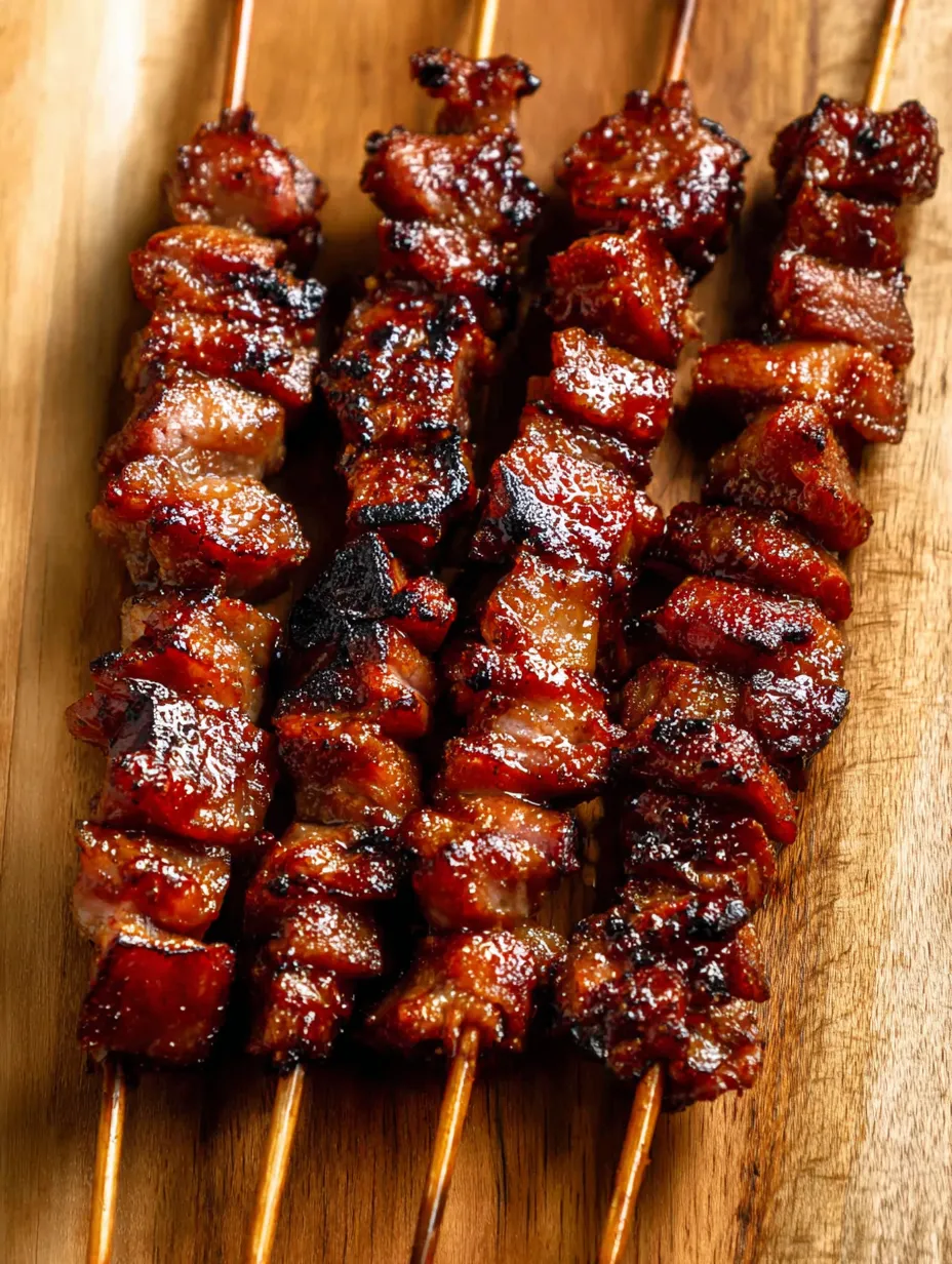 Wooden tray loaded with kabobs and grilled meats.