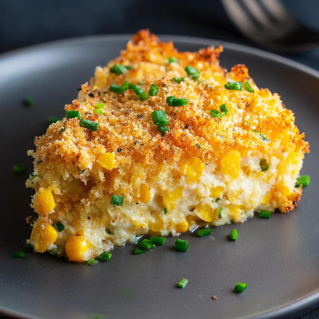 There’s a slice of corn casserole sitting on a plate.