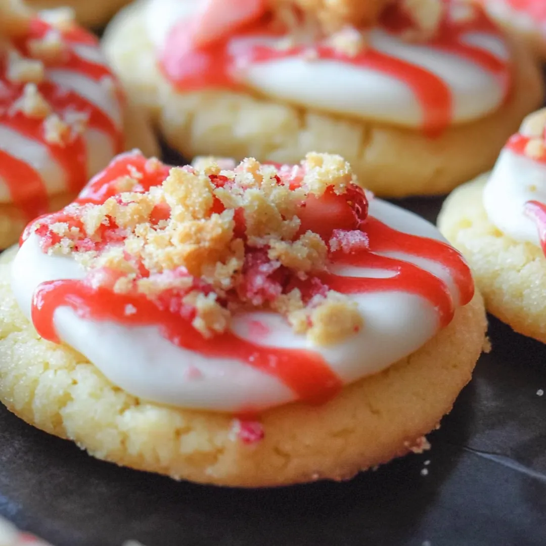 Cookie piled high with a glossy pink glaze and chunks of strawberry shortcake.