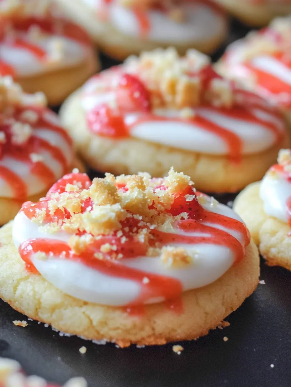 A cookie covered in white icing and topped with a bright red strawberry sauce.