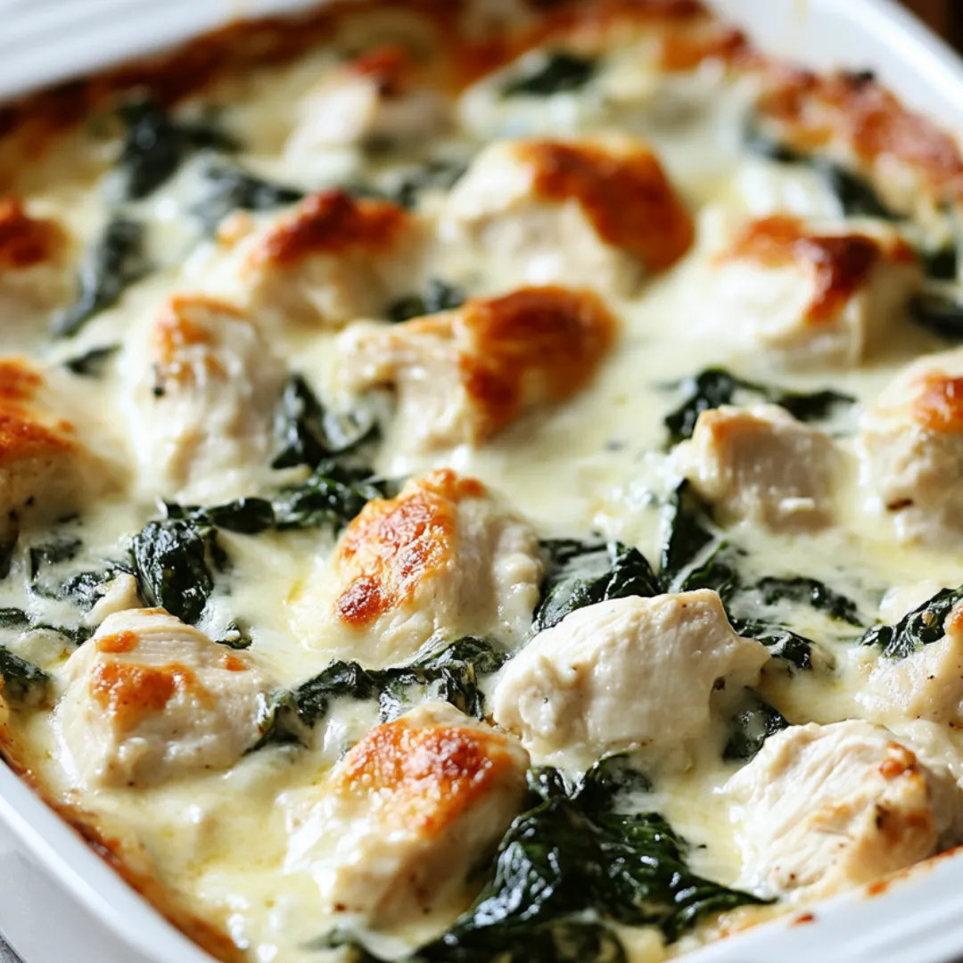 A dish filled with chicken and spinach topped with cheese.