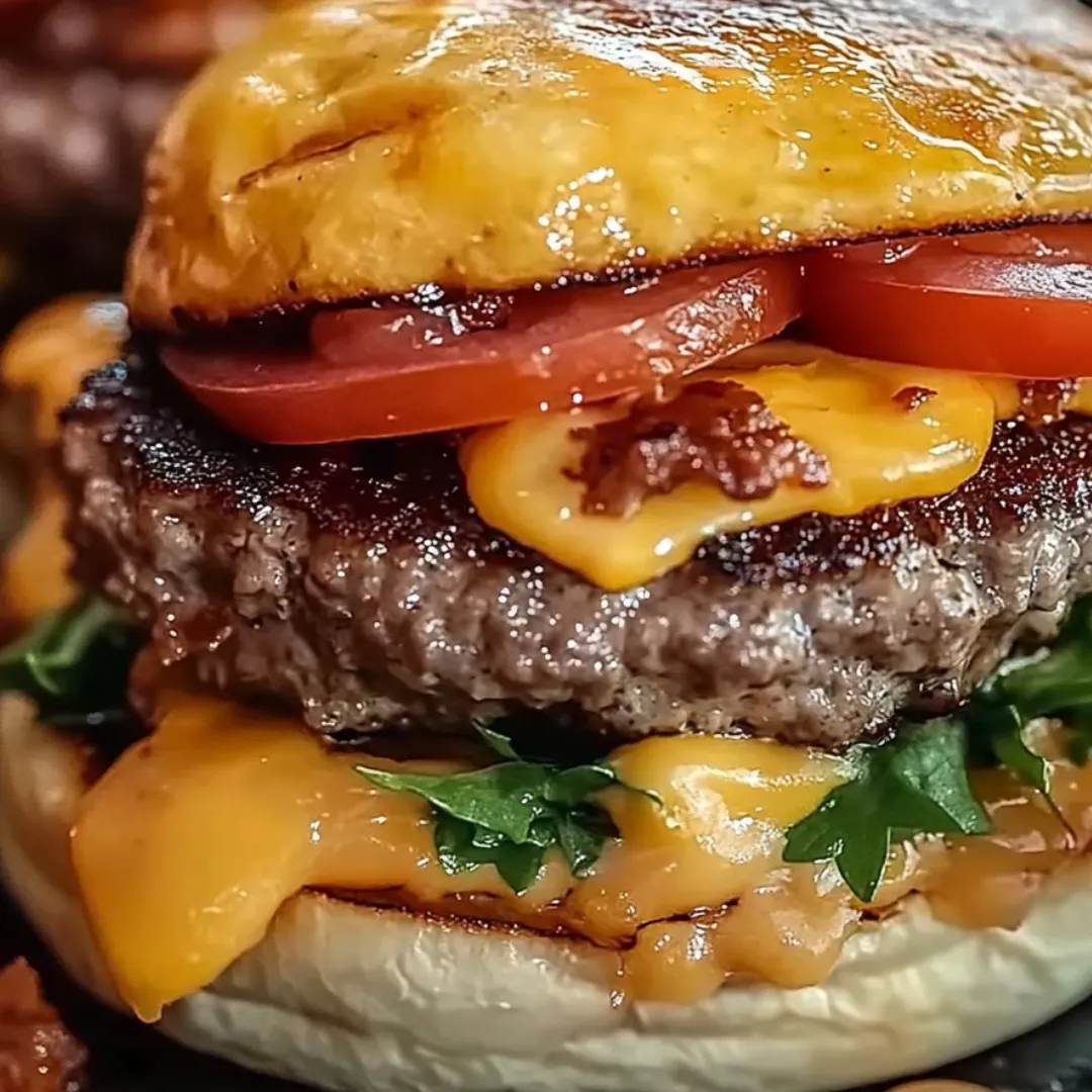 Burger stacked with cheddar and a slice of tomato.