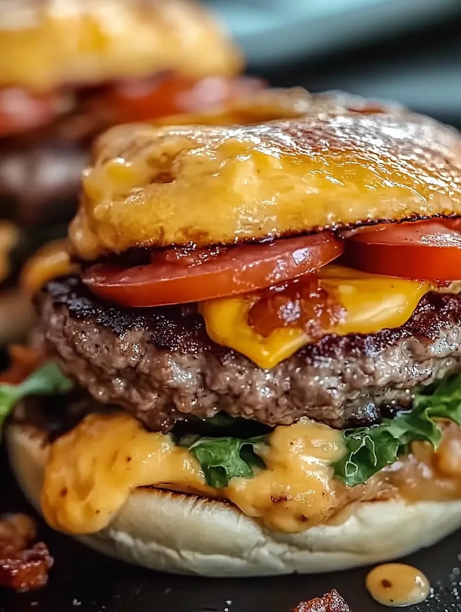 A cheesy burger topped with bacon and tomatoes.