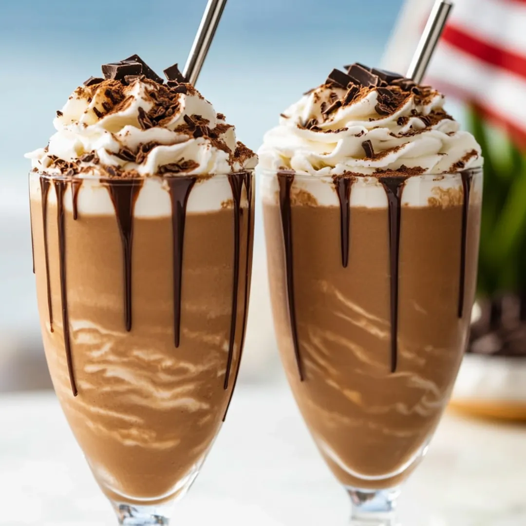 Two tall glasses of chocolate shakes covered in whipped cream.