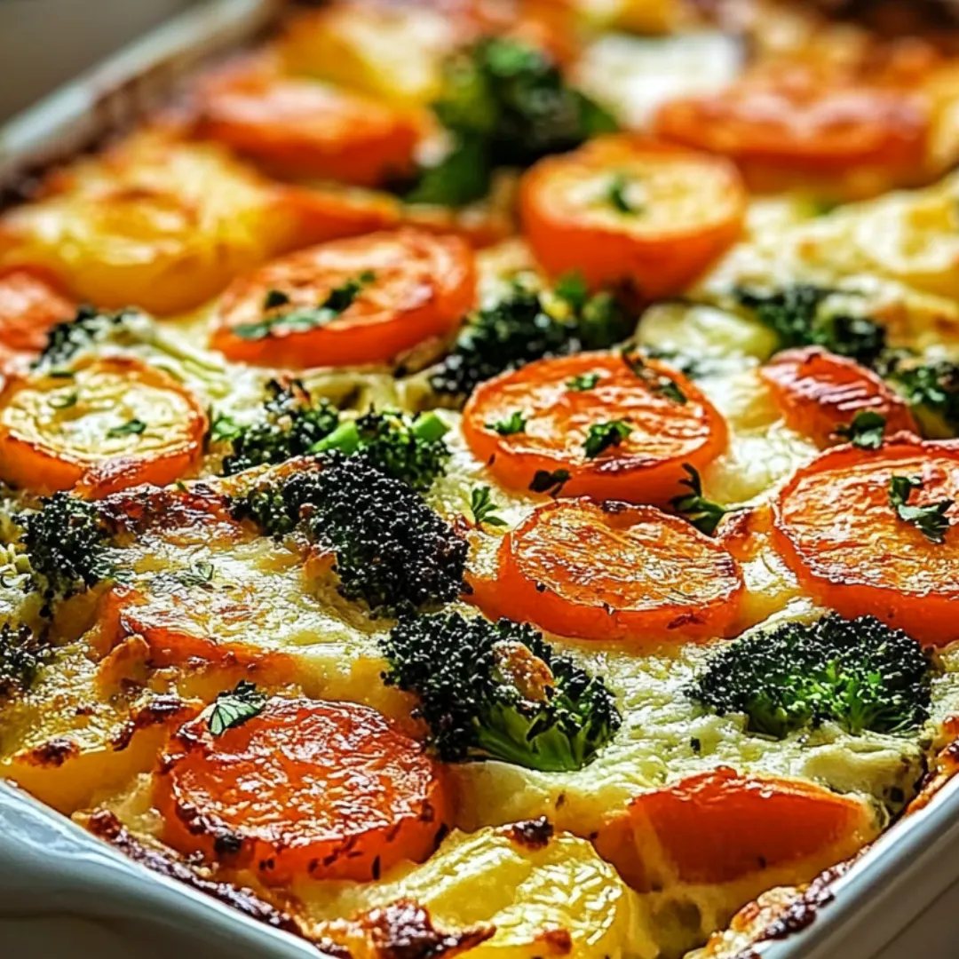 Broccoli and carrots baked into a savory dish.
