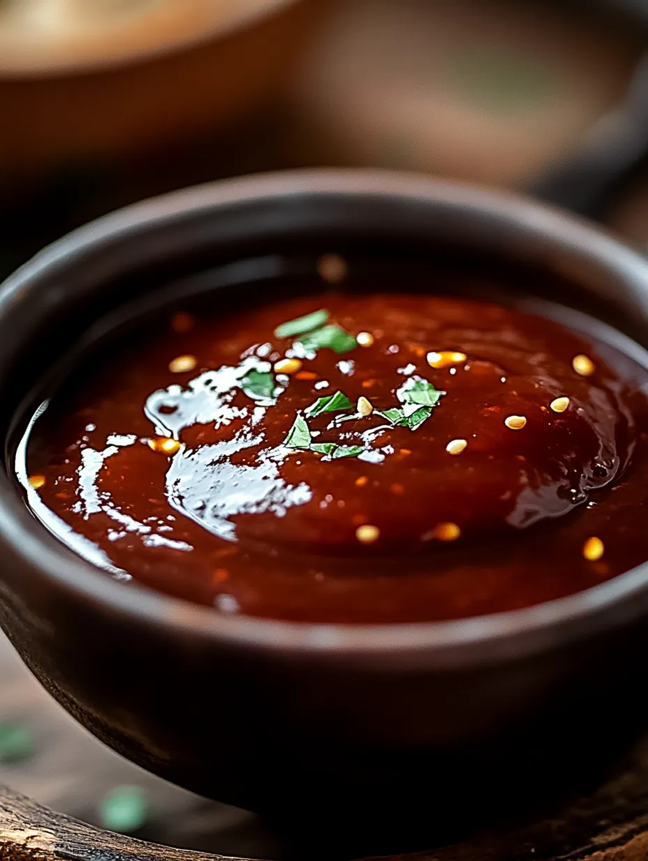 A tasty-looking bowl of BBQ sauce sprinkled with green herbs.