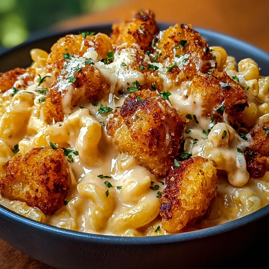 Pasta loaded with creamy cheese and crispy chicken pieces.