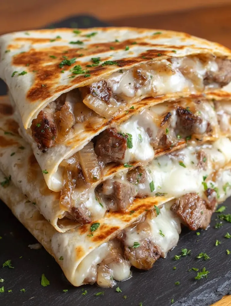 A stack of burritos stuffed with steak and cheese.