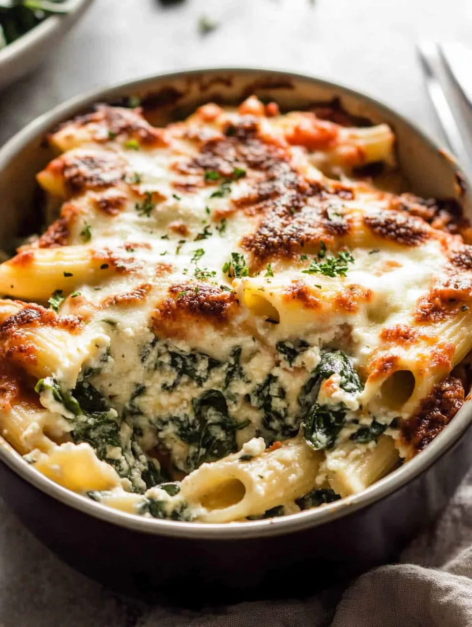 A bowl of pasta with cheese and spinach.