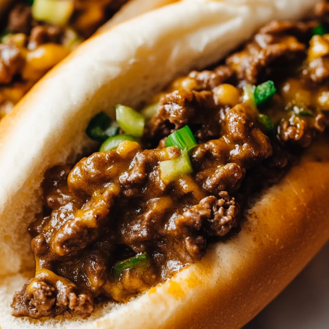 Hot hoagie bun with beef, onions, and sauce.