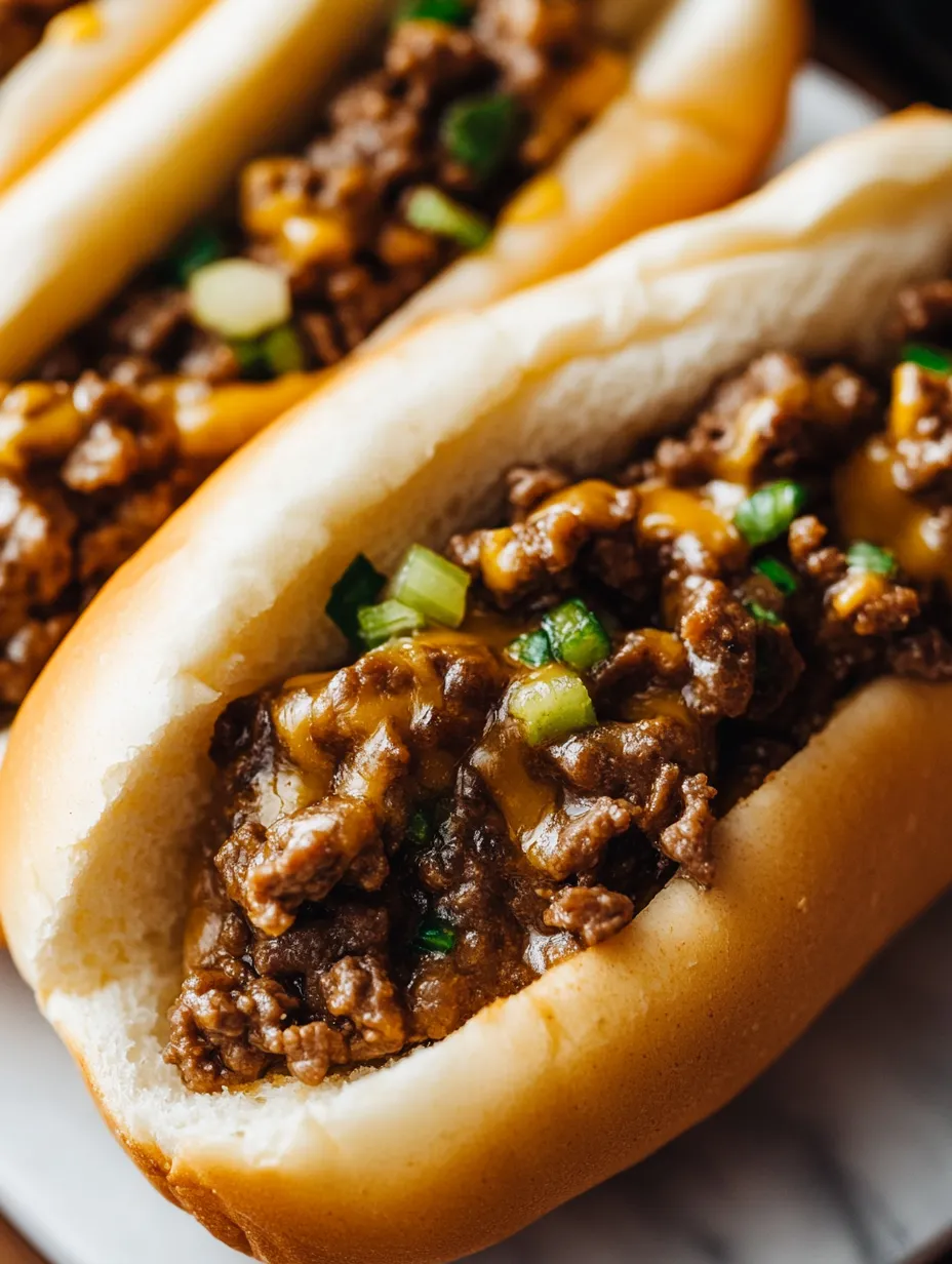 Two hot dogs piled high with meat and melty cheese.