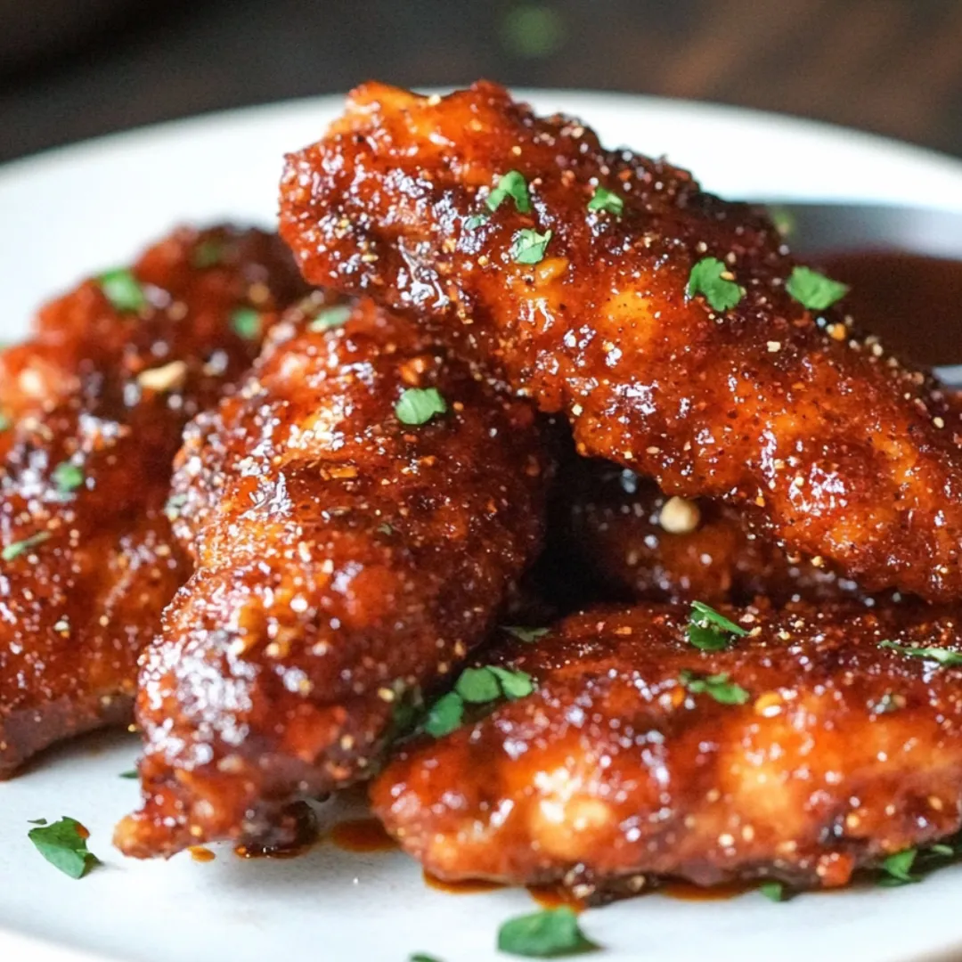 Barbecue chicken wings stacked on a dish.