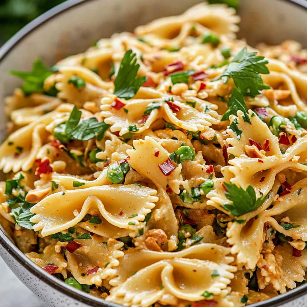 Bowl loaded with pasta, peppers, and fresh herbs.