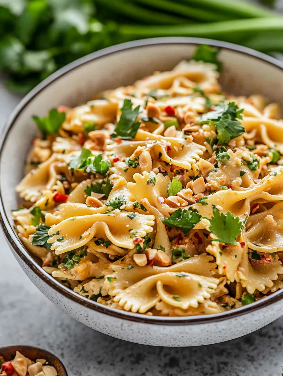 A bowl of pasta with nuts and herbs.