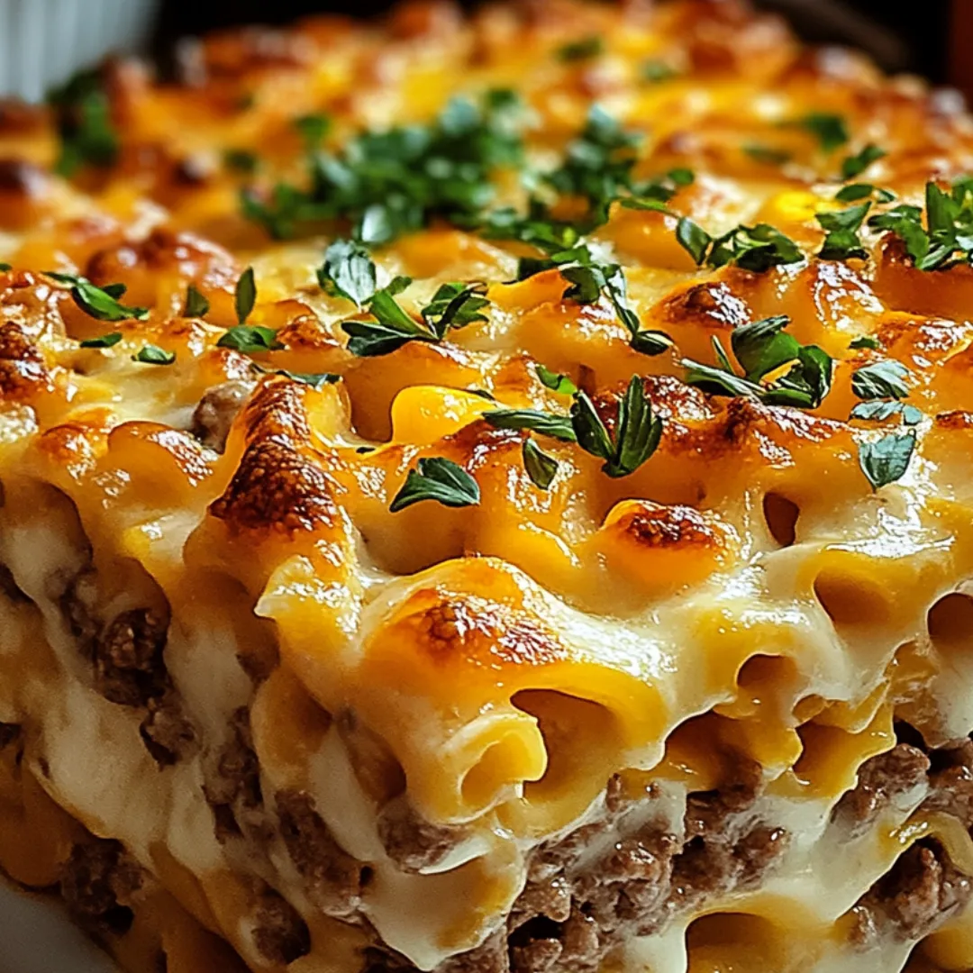 A cheesy baked casserole dotted with veggies.