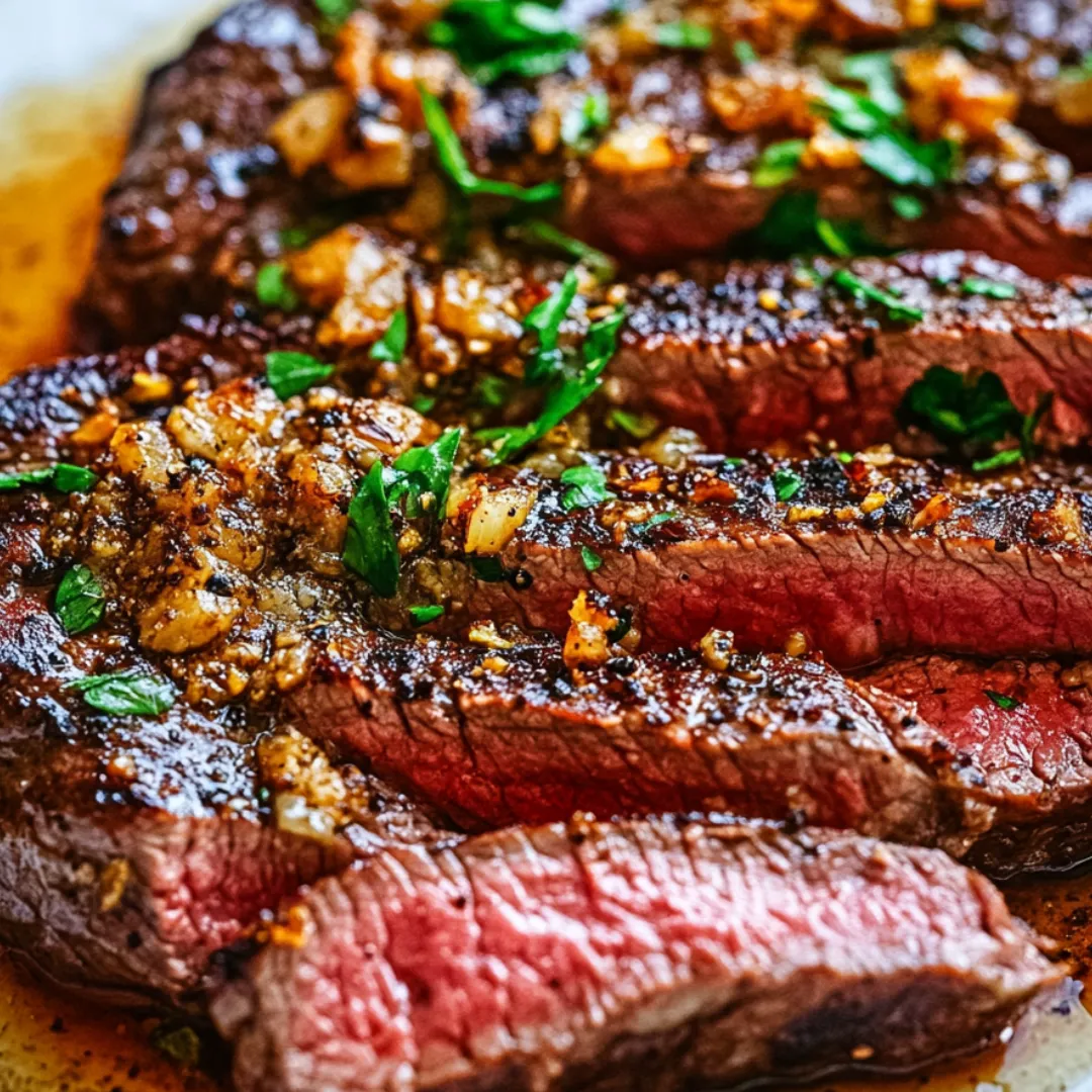 Juicy steak covered in lots of herbs and garlic.