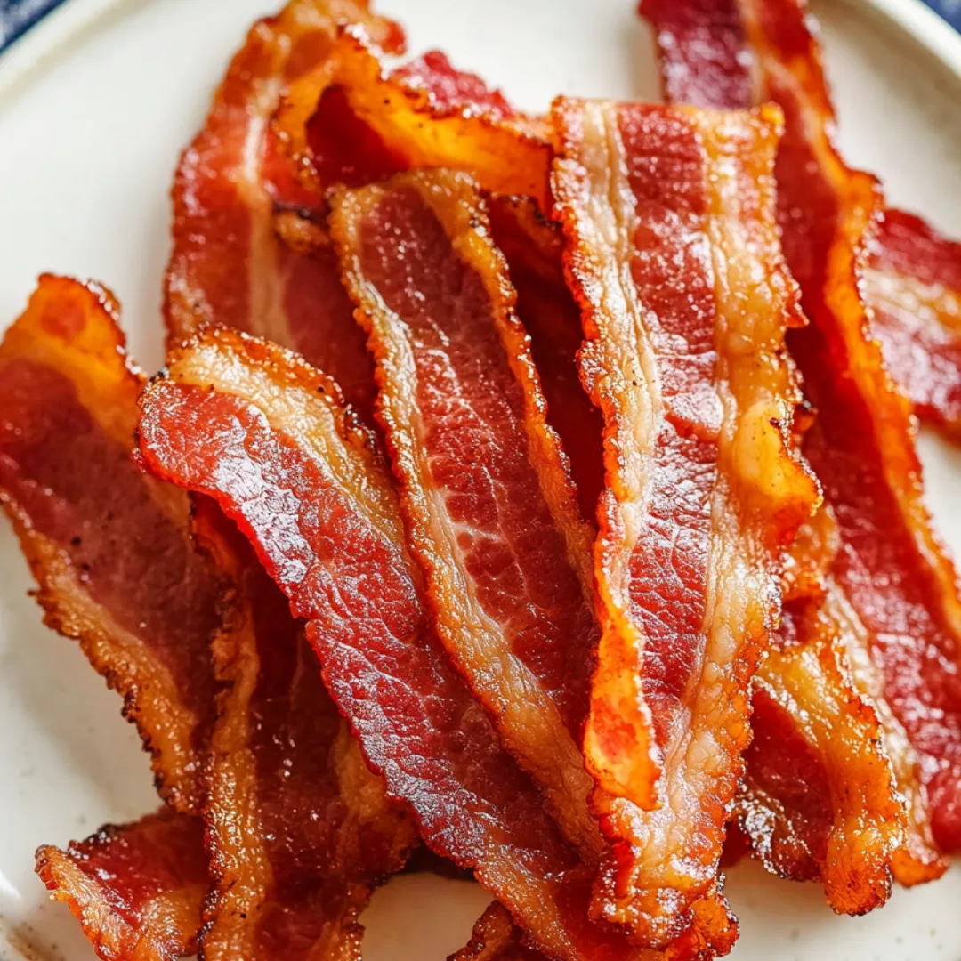 Cooked bacon sitting on a white plate.
