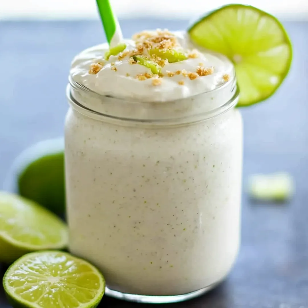 White creamy drink topped with a green lime wedge in a glass.