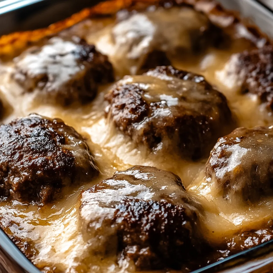 Cheesy meatballs baked in a skillet.