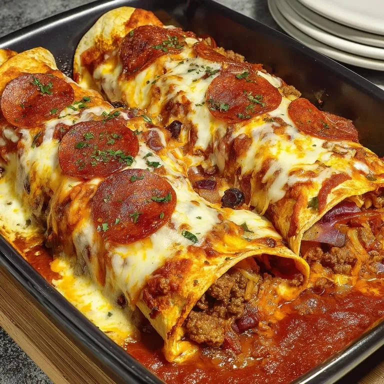 A baking pan full of cheesy, pepperoni-topped food.