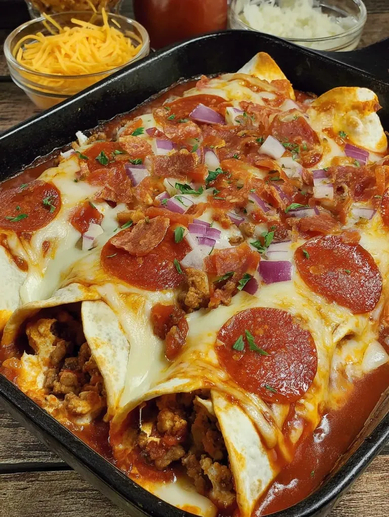 A skillet packed with onions, pepperoni, and saucy goodness.