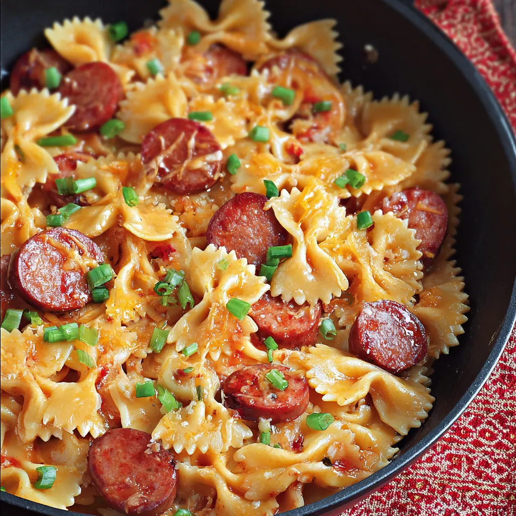 A bowl holding creamy pasta, sausage, and some veggies.
