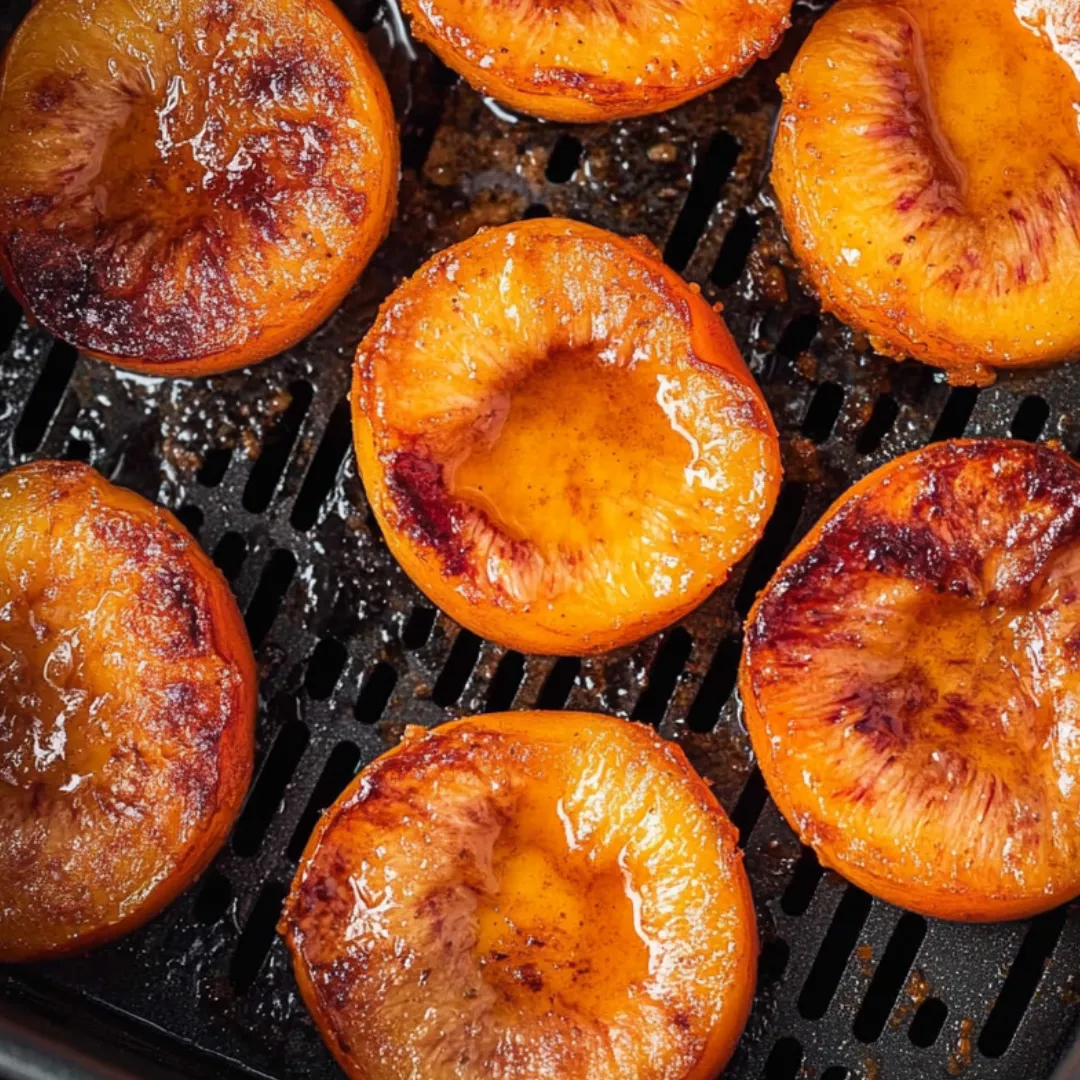 Cut peaches sitting on a grill rack.