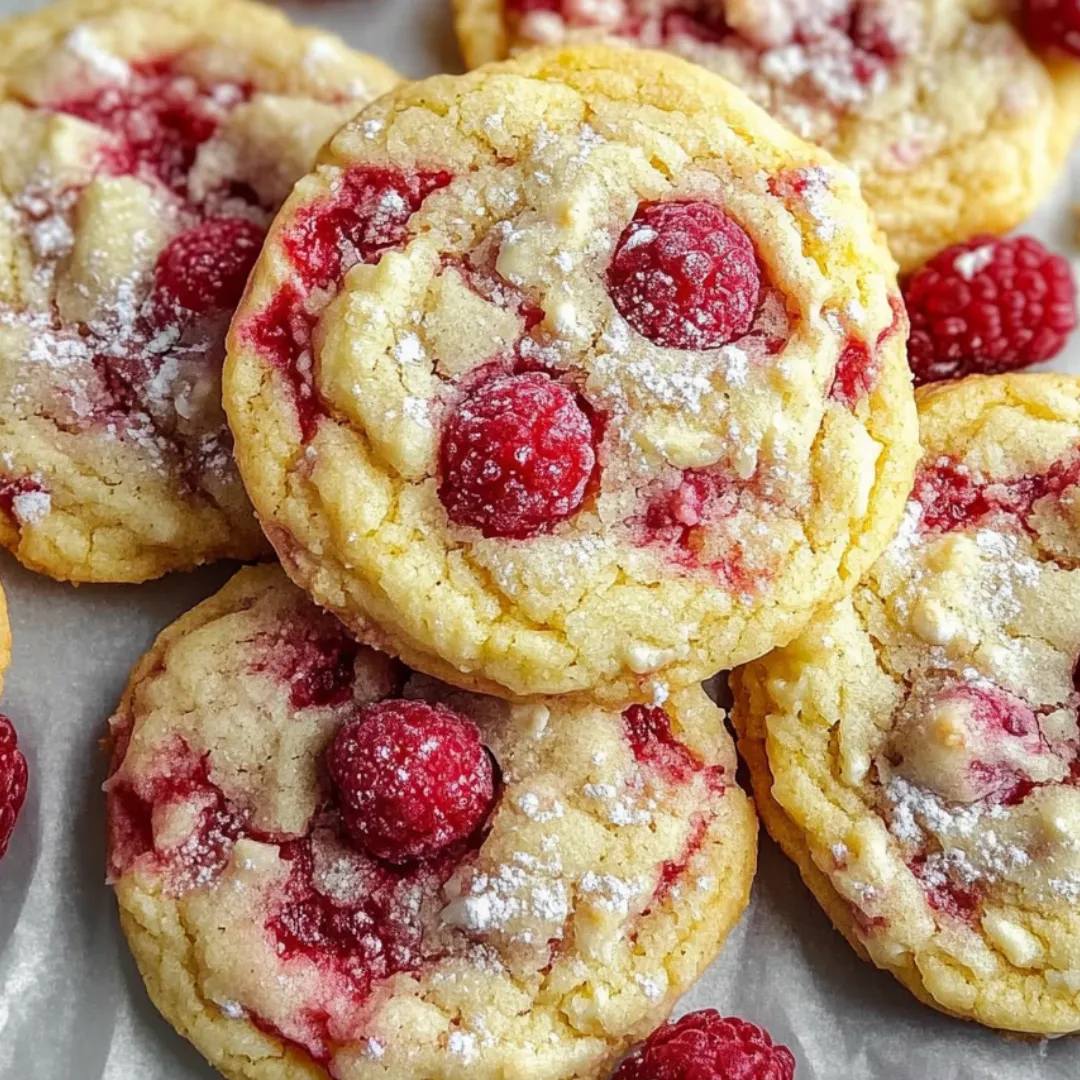 Plate stacked with pink-flecked cookies filled with raspberries.