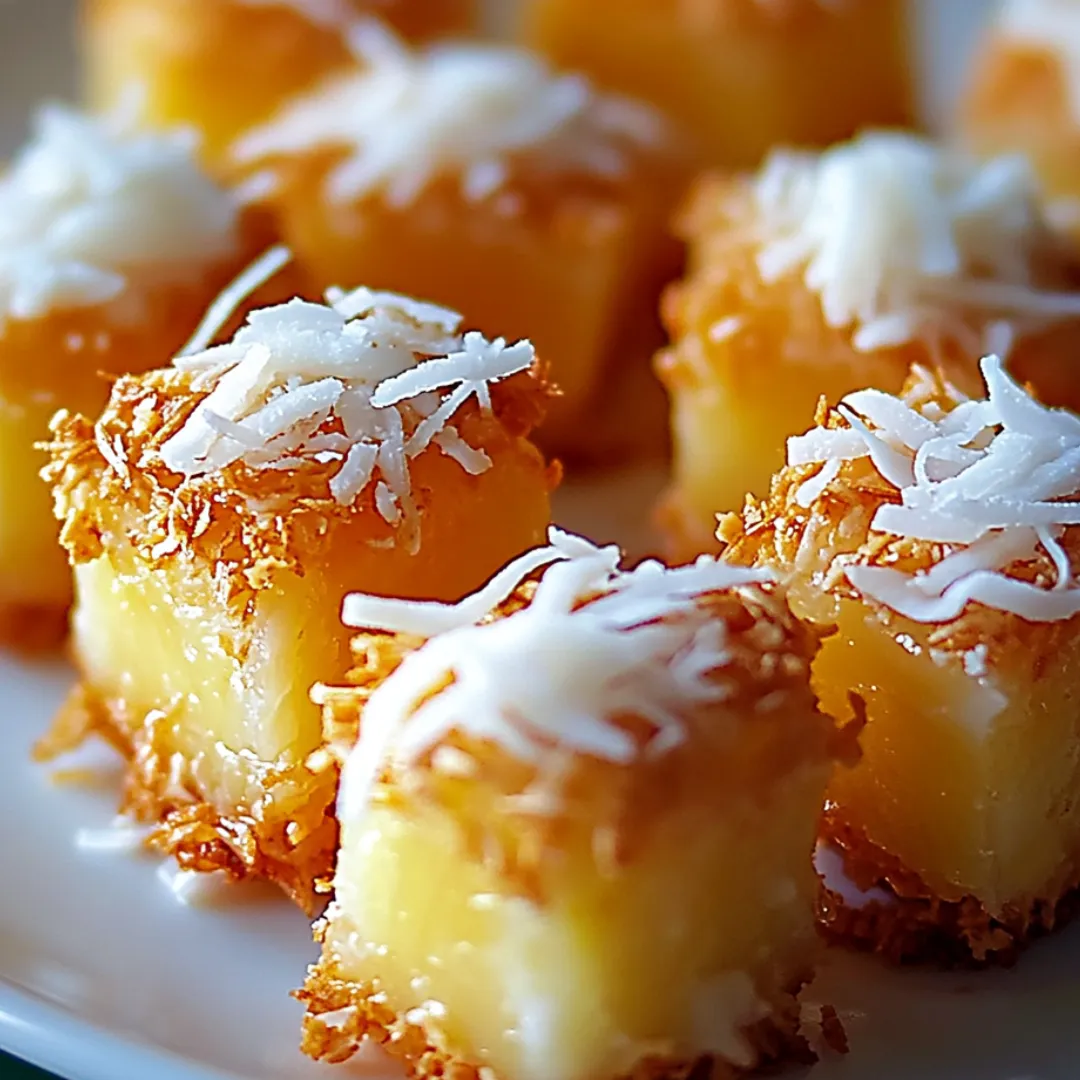 A plate stacked with coconut-covered pineapple pieces.