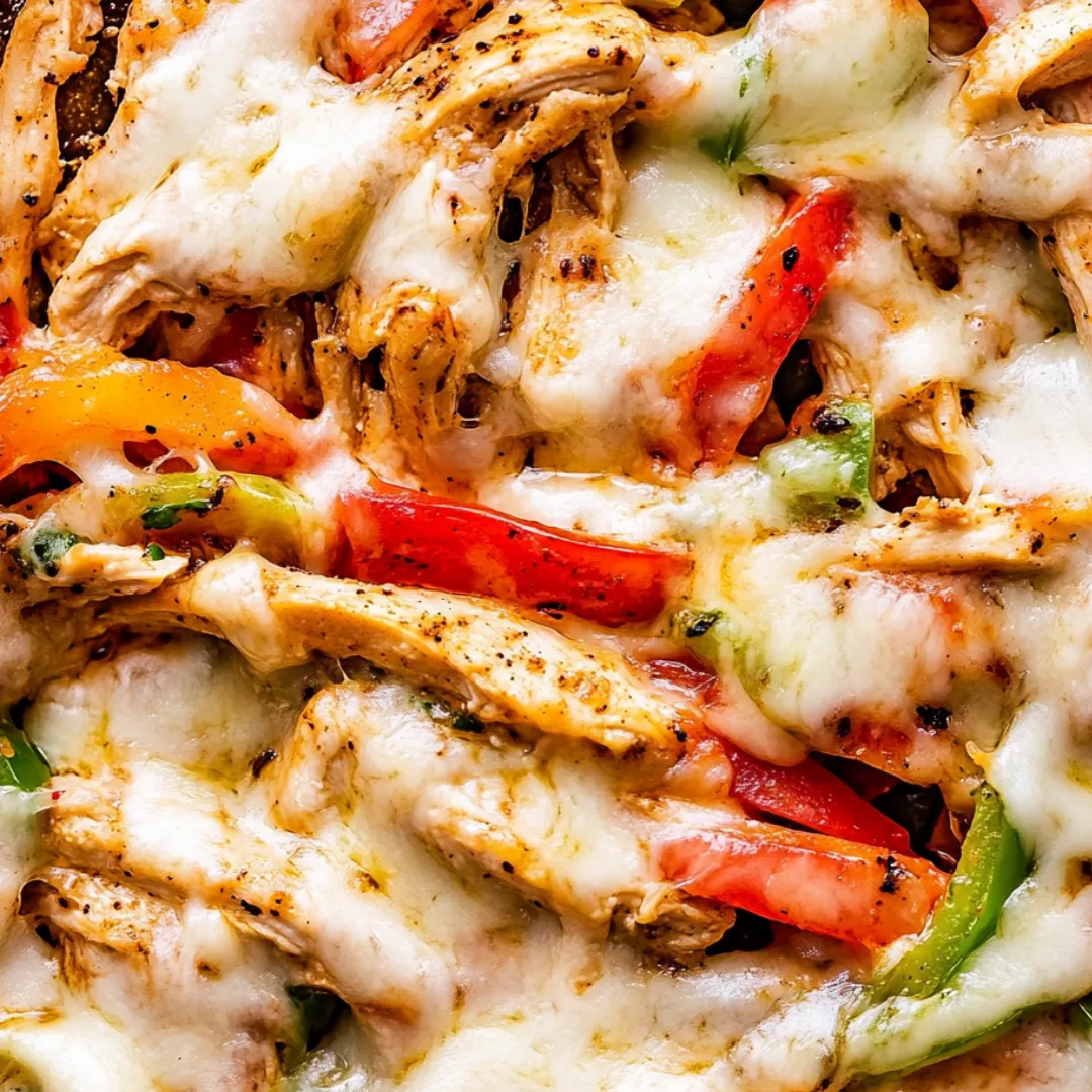 Zoomed in shot of melted cheese, peppers, and chicken in a skillet.
