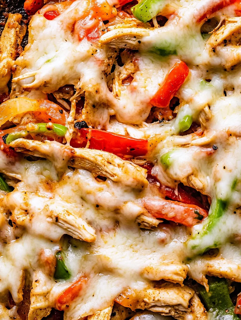 Up-close look at pizza topped with chicken and peppers.