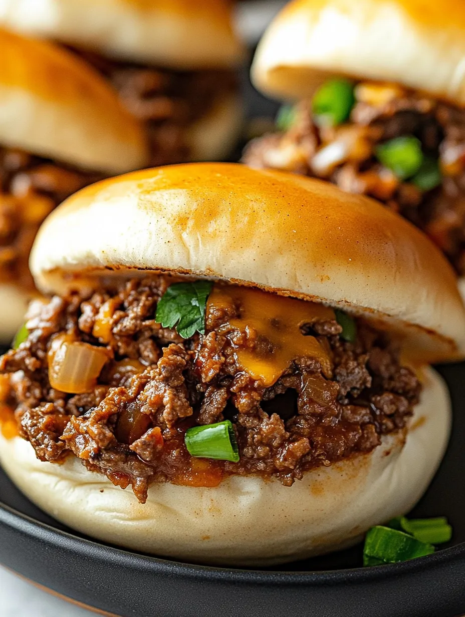 Hamburgers piled with melted cheese and onions on a plate.