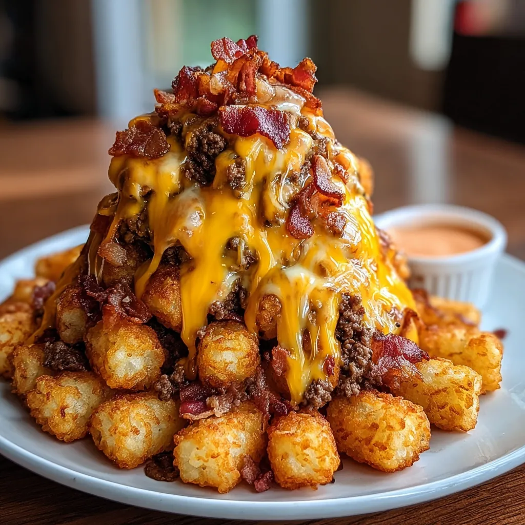Golden tater tot cones filled with cheesy bacon beef, looking super tasty.