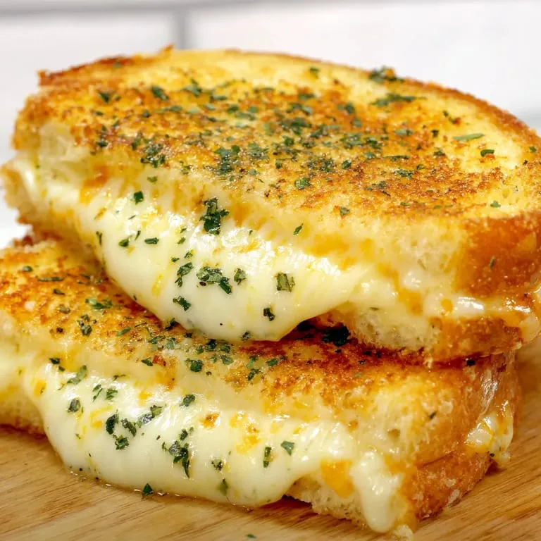 Two halves of golden grilled cheese sitting on a wooden surface.