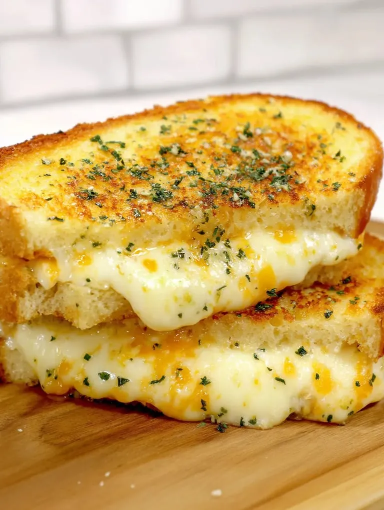 Two slices of grilled cheese on wood table.