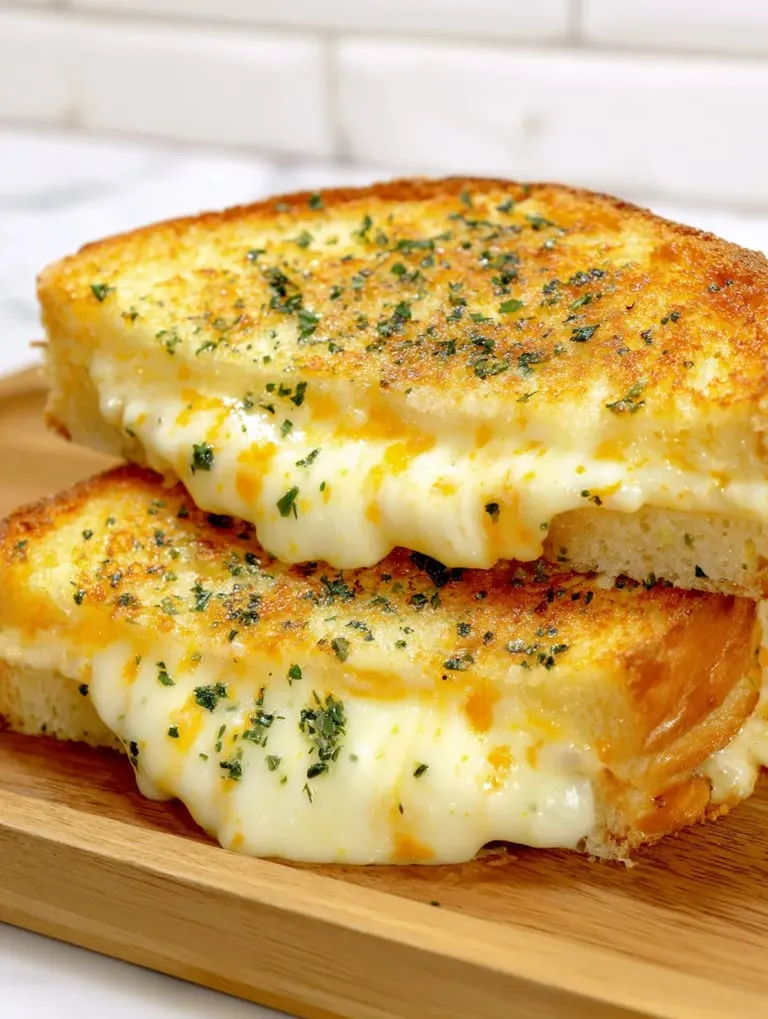 Cheese toast slices on wood board.
