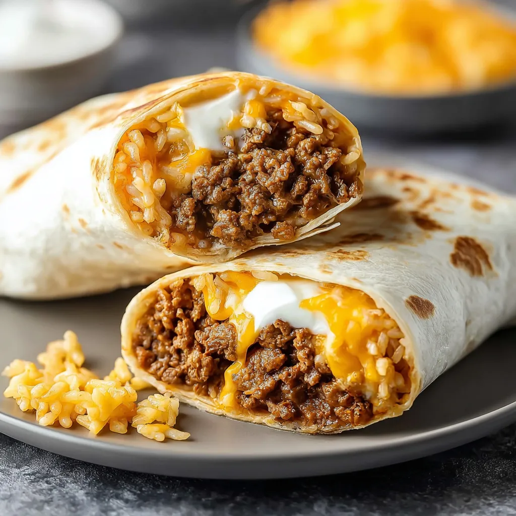 Cheesy beef burritos chilling on a plate, ready to serve.