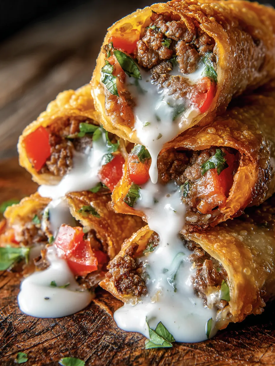 A stack of burritos slathered with creamy white sauce.