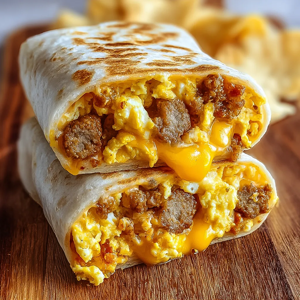 Egg and sausage breakfast burrito.