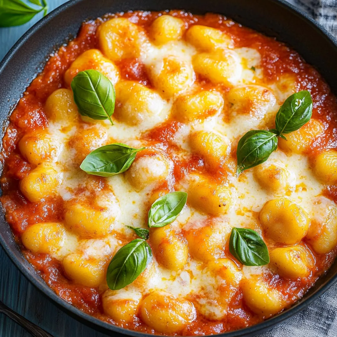 Cheesy gnocchi in a bowl with fresh basil leaves.