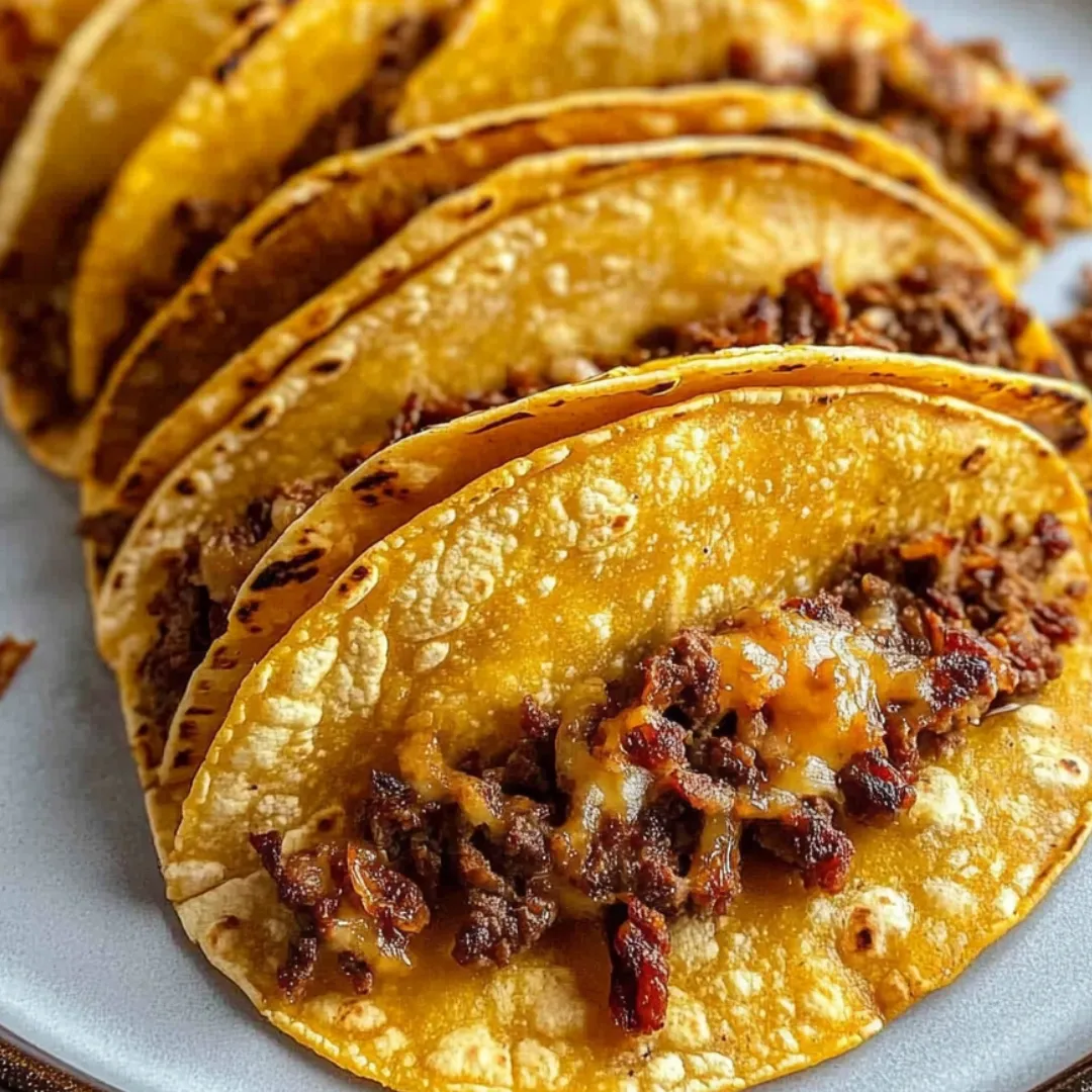 Tacos stacked with cheese and beef on a plate.