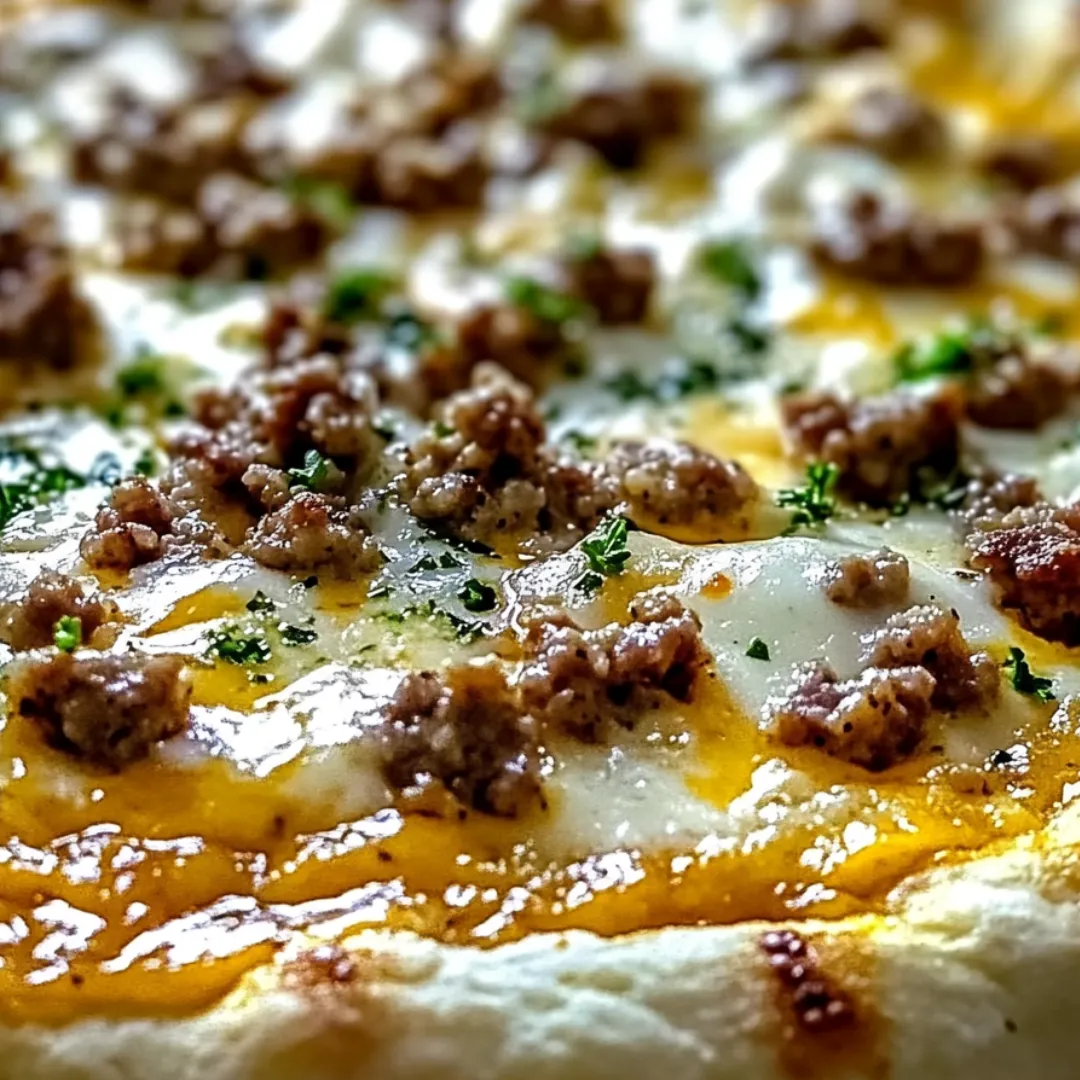 Close shot of cheesy, sausage-topped pizza.