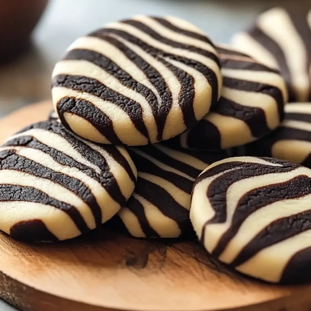 Cookies with zebra stripes arranged on a plate.