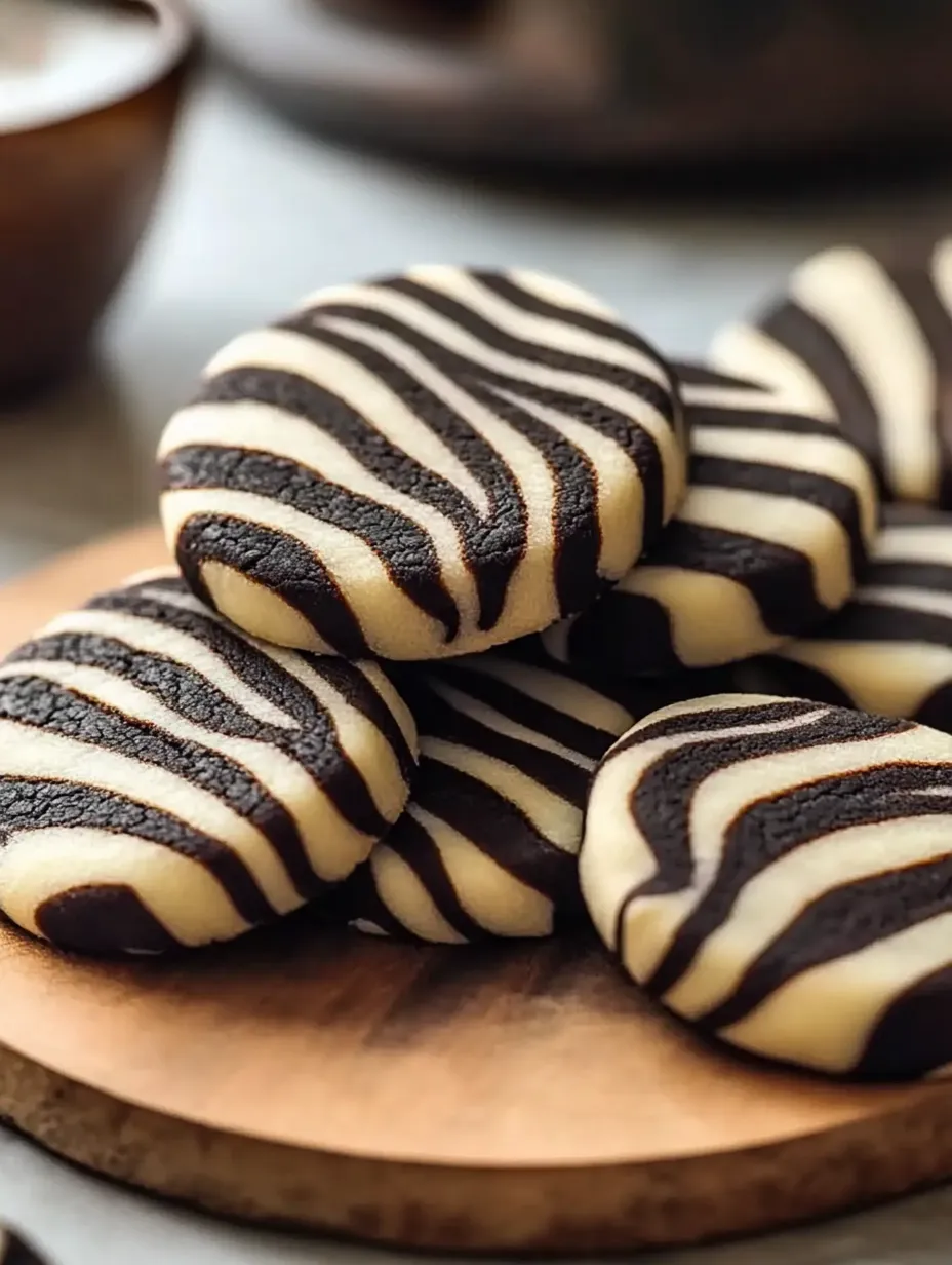 Plate stacked with black and white swirl cookies.