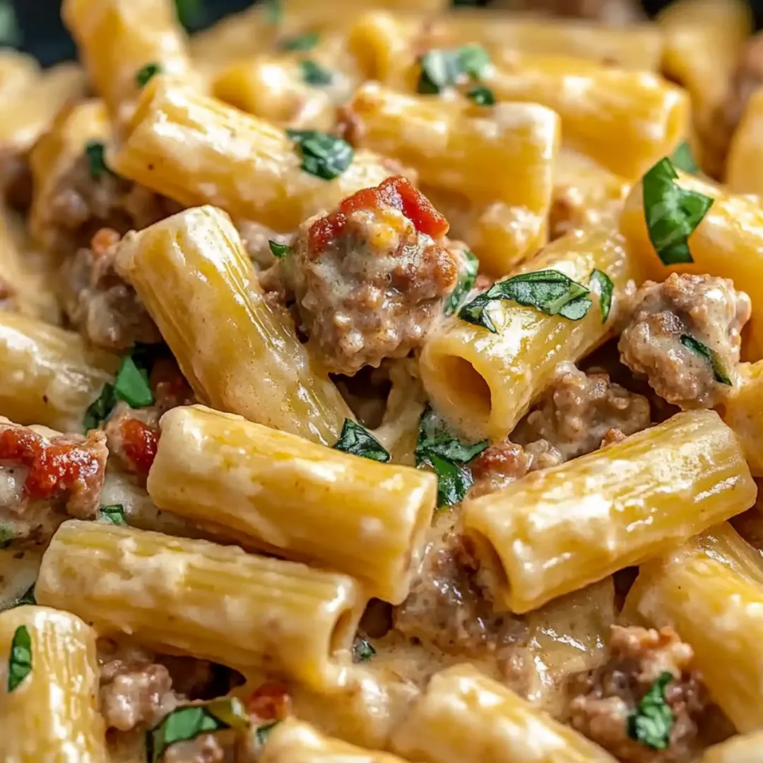Pasta packed with sausage and veggies on a plate.