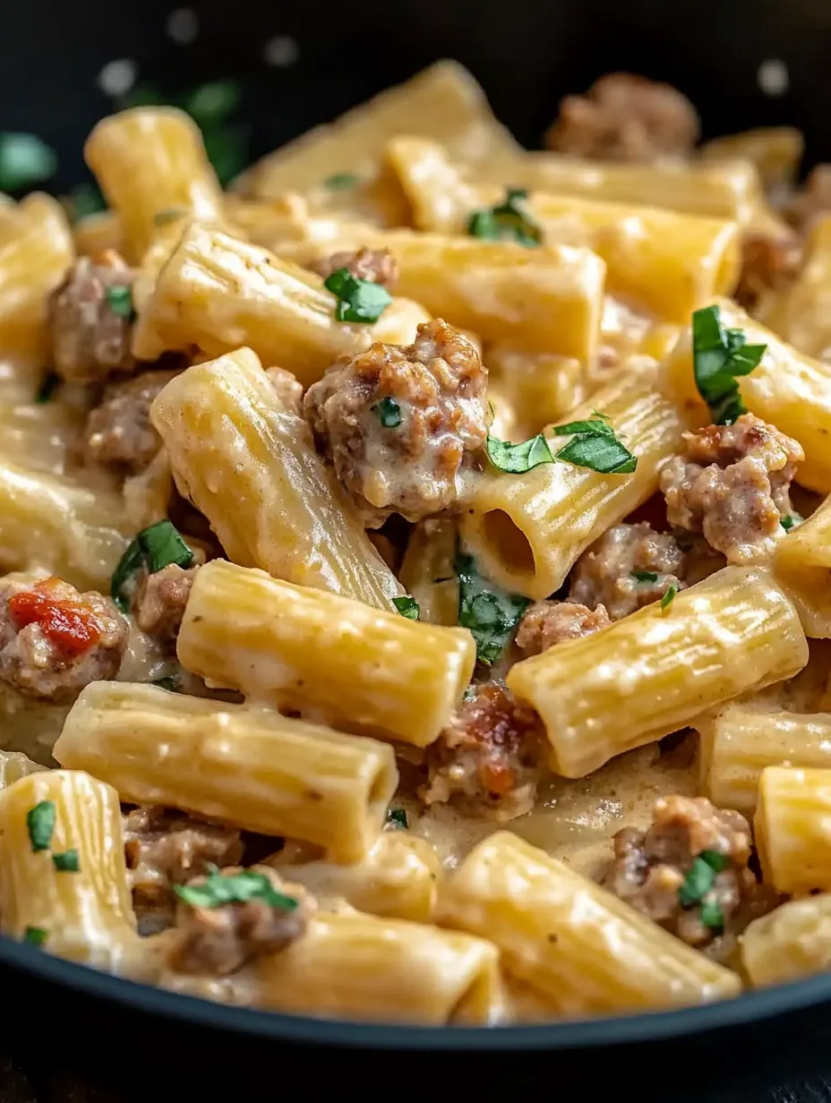 Noodles with sausage and melty cheese in a bowl.