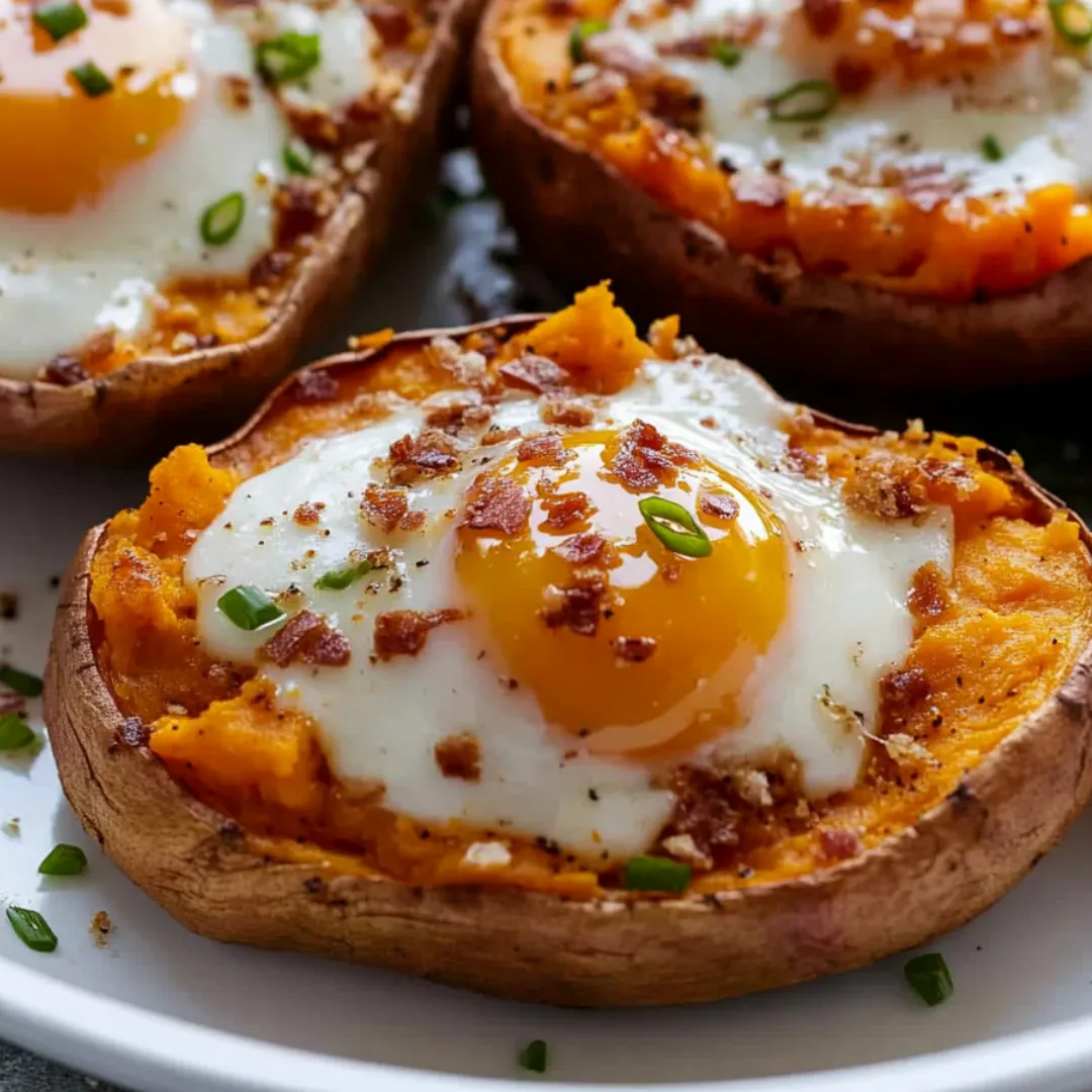 Two sweet potato slices topped with eggs.
